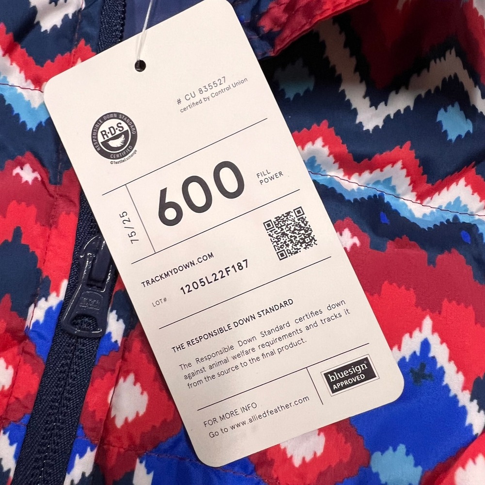 Lands End Womens 600 Down Puffer Vest Red Blue Fair Isle USA Aztec medium New - Picture 6 of 10